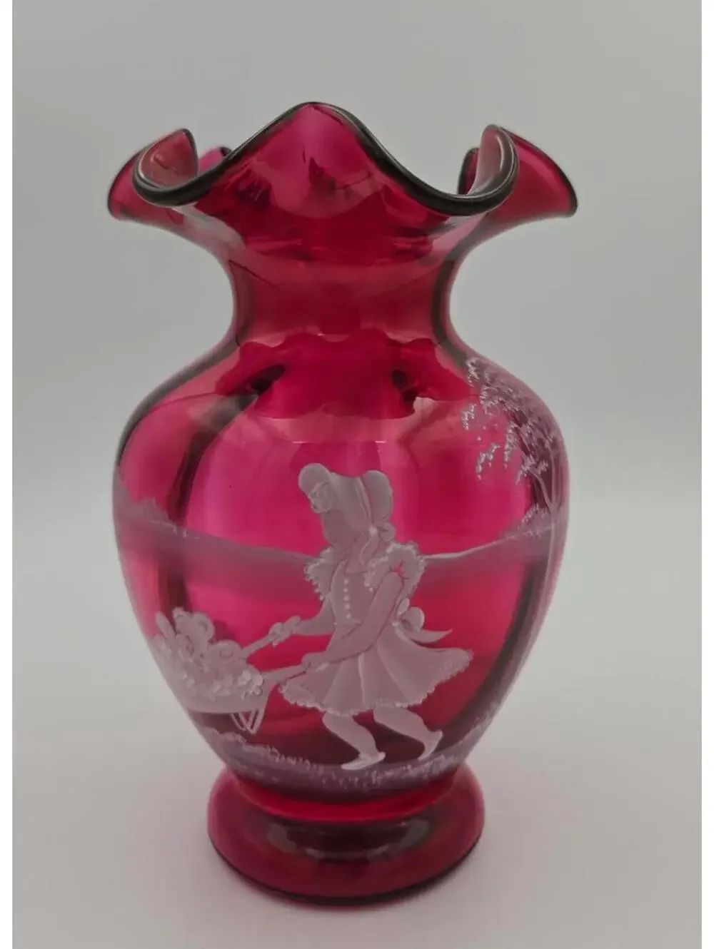 Vintage Fenton Cranberry Mary Gregory Vase Signed LE Girl Scene Original Sticker